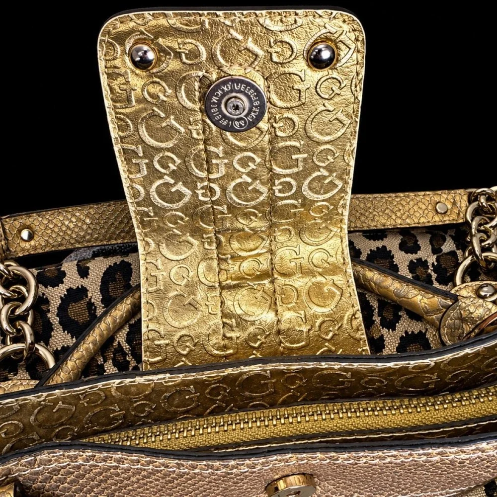 Vintage 90s GUESS Leopard Print Gold Handbag Y2K Big G Snakeskin Mafia Mob